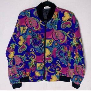 Vintage Alia Oversized Vibrant Print Full Zip Lightweight Bomber Jacket M